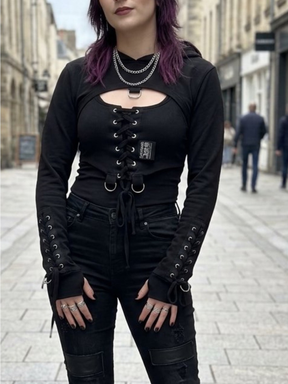 Killstar Black Lace-Up Hooded Cutout Top
